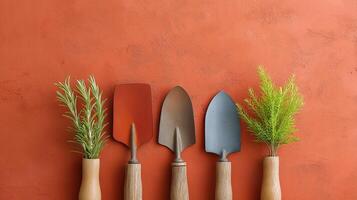 Garden Tools and Fresh Herbs in Elegant Vases on Vibrant Orange Background for Creative Projects photo