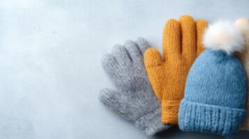 Warm knitted gloves and cozy hat on a soft background for winter fashion and accessories photo