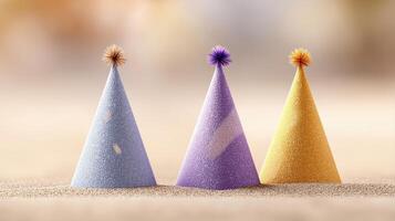 Colorful Party Hats in Soft Focus with Vibrant Decorations for Festive Celebrations photo