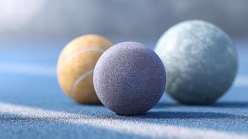 Close-up View of Three Textured Balls on a Smooth Surface for Sports and Recreation Themes photo
