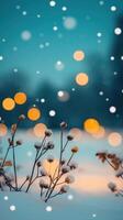 Snow-Covered Dried Flowers Glowing Softly in a Winter Wonderland with Bokeh Lights and Gentle Snowfall photo