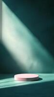 Minimalistic Pink Podium with Glowing Light in a Teal Futuristic Studio Environment photo
