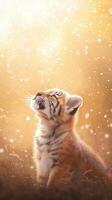 Joyful Tiger Cub Roaring in Heavy Glowing Snowstorm Under Soft Golden Light photo