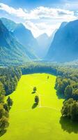 Vibrant Green Valley Surrounded by Snowy Mountains Under a Bright Blue Sky with Lush Vegetation and Sunlight photo