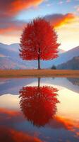 Dreamlike Sunset with Glowing Tree Reflected in Calm Water Under Colorful Sky photo
