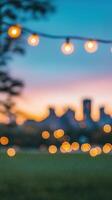 Enchanting Twilight Skyline of a City with Glowing Lights and Bokeh Effect in the Background photo