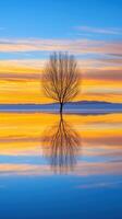 Dreamlike Sunset with Lonely Tree Glowing Under a Vibrant Sky and Reflecting in Calm Waters photo