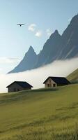 Serene Fantasy Village in Mountains Surrounded by Emerald Green Fields Under a Bright Sky with Gentle Clouds photo