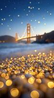 Golden Suspension Bridge Glowing Over River at Night with Stars in the Background photo