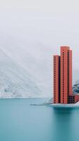 surrealista ver de congelado laguna con turquesa agua y imponente estructura en minimalista invierno paisaje foto