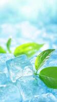 Fresh Lemonade with Glowing Ice Cubes Surrounded by Soft Pastel Leaves on a Bright Background photo