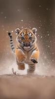 Joyful Tiger Cub Running Through a Dreamy Snowy Forest in Blissful Playfulness photo