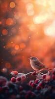 Tiny Yellow Bird Sitting on Frosted Branch Surrounded by Soft Bokeh and Warm Autumn Colors in Nature photo