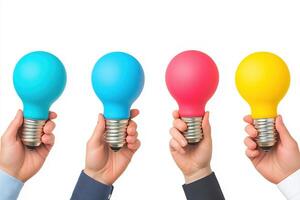 Creative Team Collaboration with Colorful Lightbulbs Symbolizing Innovative Ideas and Unity photo