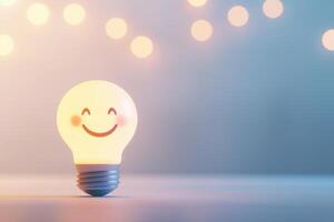 Glowing Light Bulb Icon with Happy Smile Design Representing Positive Mindset and Joyful Vibes in 3D Style photo