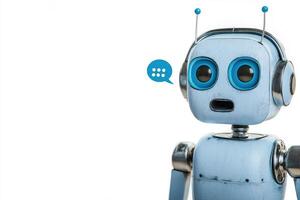 Cute robot assistant with blue headset and speech bubble expressing surprise or curiosity in a white background photo