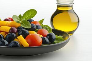 Fresh Clean Salad with Colorful Vegetables and Olive Oil in a Jar on a Bright Background photo