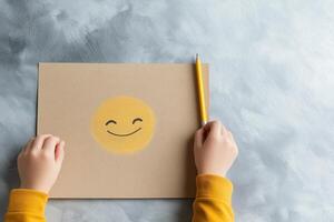 Bright Smiley Face Drawing on Brown Paper with a Yellow Pencil in a Cheerful Wellness Checklist Concept photo