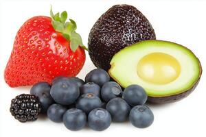 Colorful Nutritious Breakfast Set with Avocado Slices, Fresh Berries, and Vibrant Strawberries photo