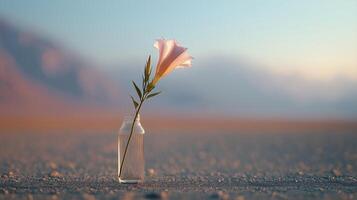 Delicate Flower in Glass Vase on Soft Sandy Surface with Blurred Background Beauty photo