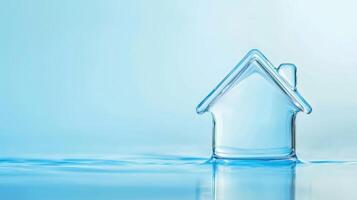 Water Droplet Resembling a House on Calm Blue Surface with Dreamy Background photo