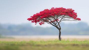 Vibrant Red Flowering Tree Isolated Against Soft Pastel Background in a Serene Landscape photo