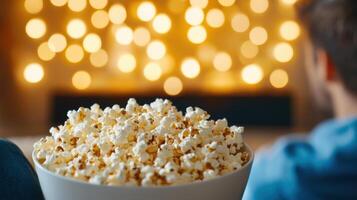 Cozy Couple Enjoying Movie Night with Popcorn on Sofa Surrounded by Lights photo