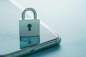 Digital Lock Icon Hovering Over Smartphone Screen Representing Data Protection and Security Concepts photo