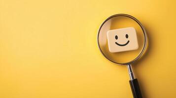 Happy Face on Magnifying Glass Highlighting Cheerful Emotion Against Yellow Background photo