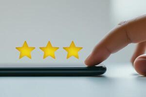 Hand interacting with digital screen displaying five-star rating for service or product evaluation photo