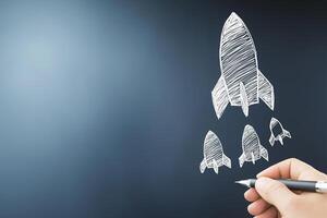 Hand Drawing Concept of Rocket Launch Symbolizing Business Growth and Financial Success with Graph Elements photo