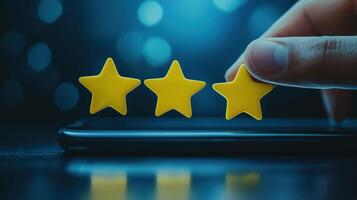 Hand Interacting with Five Star Review System on Smartphone Interface in Vibrant Digital Setting photo