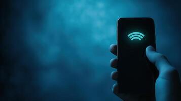 Hand Holding Smartphone with Incoming Call Icon in Dark Blue Atmosphere for Tech and Communication Themes photo