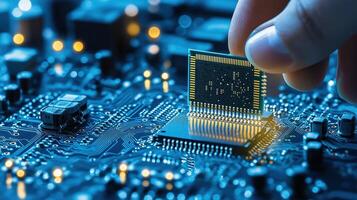 Close-Up of Hand Placing Microchip into Motherboard for Advanced Technology and Electronics Development photo