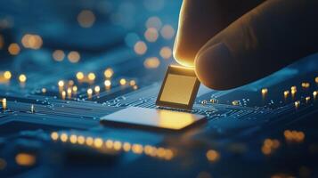 Hand Placing Microchip onto Circuit Board Technology with Bright Lighting and Detailed Background Elements photo