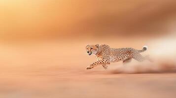 Cheetah Sprinting Across a Sandy Landscape with a Blurred Background and Warm Tones photo