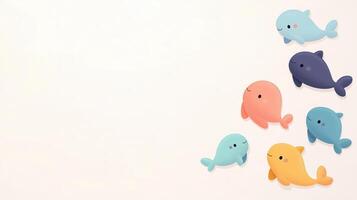 Colorful cartoon whales swimming in a playful arrangement on a soft pastel background photo