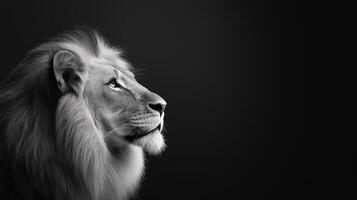 Majestic Lion Profile with Stunning Mane Against Dark Background in Black and White photo