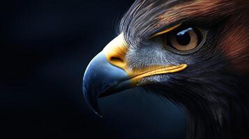 Majestic Golden Eagle Close-Up with Intense Gaze and Detailed Feather Texture in Dark Background photo