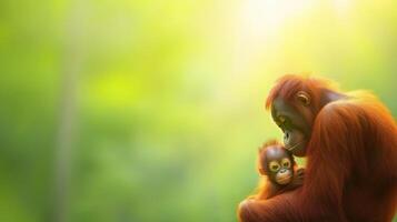 Adorable Baby Orangutan Cuddles with Its Mother in a Lush Green Forest Setting photo