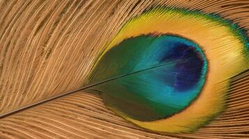 Vibrant Peacock Feather Close-Up with Bright Greens, Blues, and Earthy Tones in Nature photo