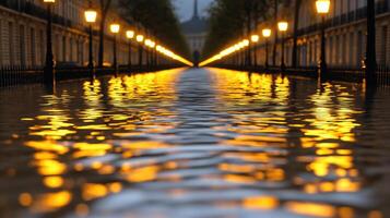 Serene City Street Reflected in Calm Water Under Dusk Sky with Warm Street Light Glow photo