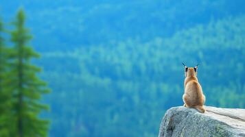 Lone Canine on Rocky Outcrop with Scenic Forest Background in Bright Natural Light photo