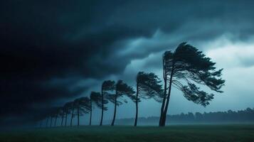 Stormy Atmosphere with Windswept Trees Under Dark Skies and Dramatic Clouds photo