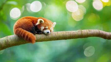 Adorable red panda resting peacefully on a tree branch surrounded by lush green foliage photo