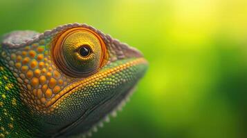 Close-up of Vibrant Chameleon on Green Background Capturing Its Unique Colors and Textures photo