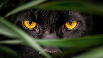 Mysterious Black Panther Eyes Peering Through Lush Green Leaves in a Natural Habitat Setting photo