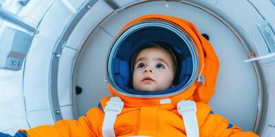 Luxurious Concept of Space Tourism with a Child Astronaut in a Futuristic Spaceship Interior photo