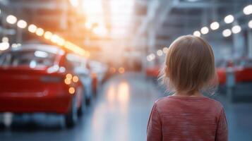 Child Observing Futuristic Robotic Technology in Automotive Assembly Line Environment photo