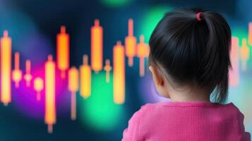 Child Observing Financial Market Trends with Colorful Graphs and Data Visualization Elements photo